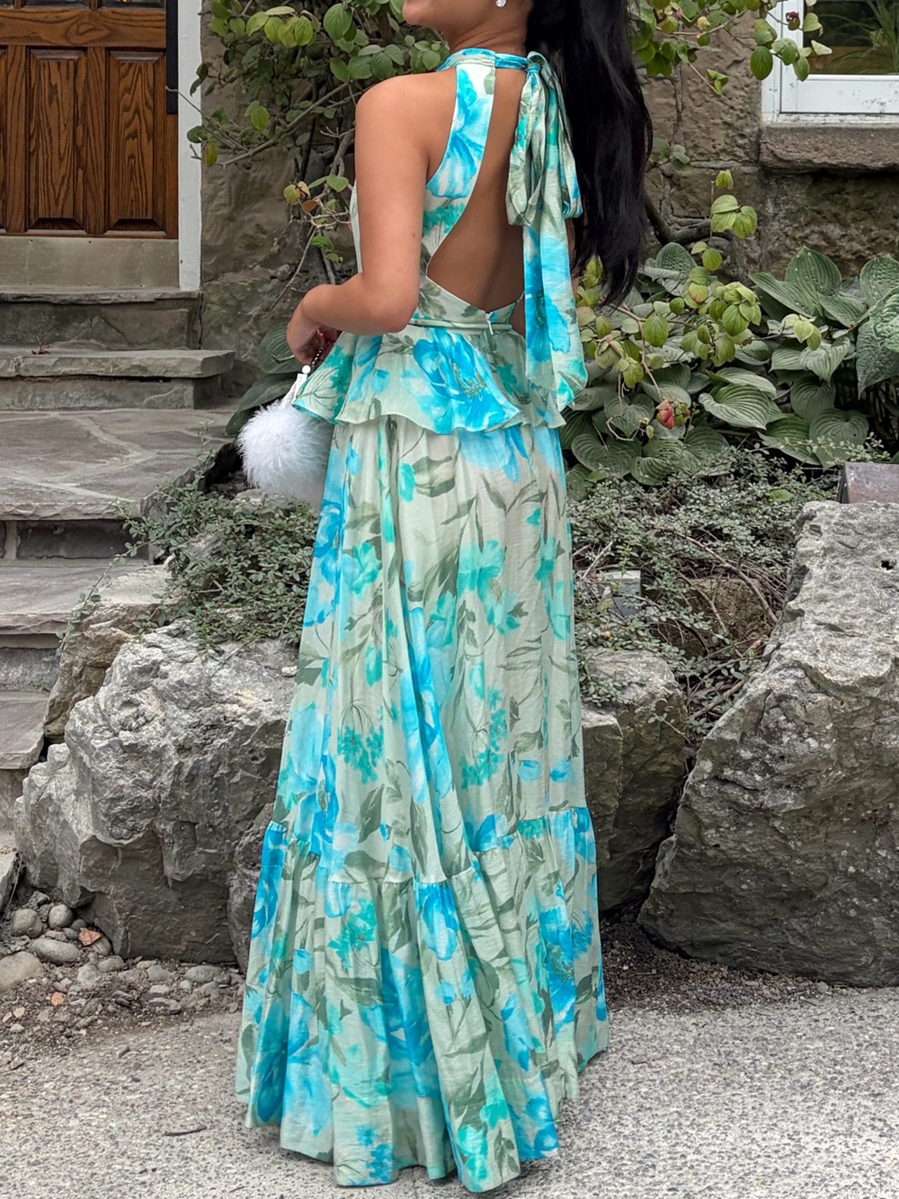 Ever New Aqua & Teal Floral Peplum Backless Halter Tie Maxi Dress Gown